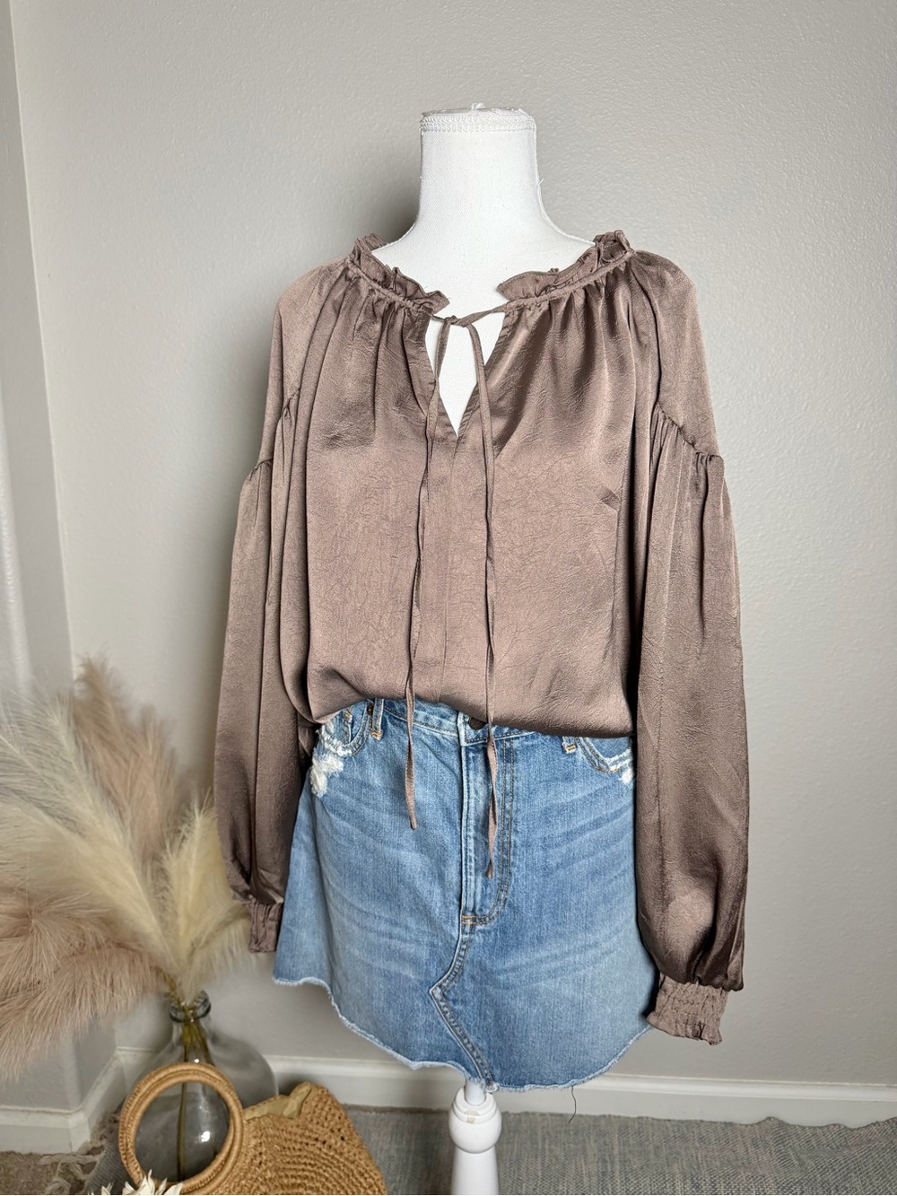 NWT Blue Pepper - Women's Brown Satin Peasant Blouse with Tie Neck